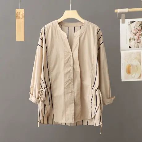 收腰显瘦衬衫女韩版宽松圆领纯棉上衣外搭寸衫女士休闲衬衣长袖潮商品大图