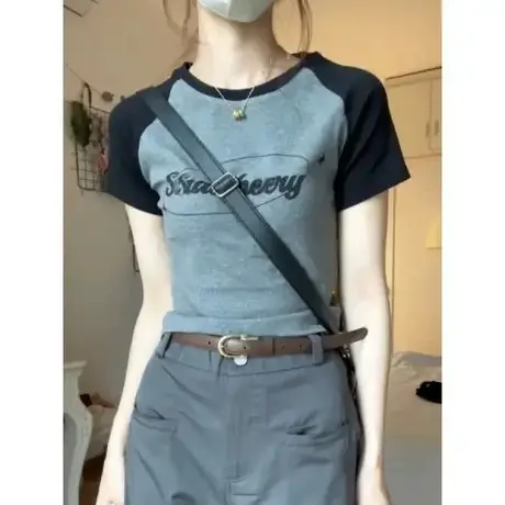 美式复古插肩短袖T恤女2024夏季新款拼接撞色设计感修身短款上衣商品大图