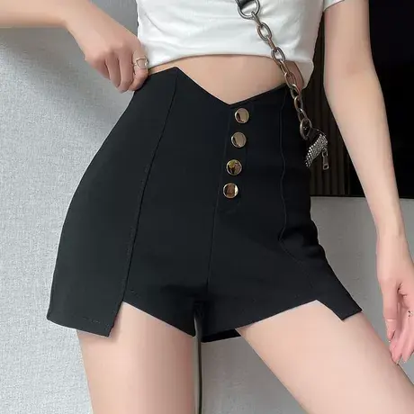 2024夏季大码胖mm不规则短裤女高腰显瘦单排扣阔脚裤A字休闲热裤商品大图