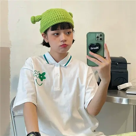 红续Polo衫短袖T恤女2023新款夏季港风复古宽松小众刺绣纯棉上衣图片