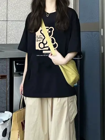 黑色防棉短袖t恤女2023新款夏季小众设计感洋气减龄显瘦遮肉上衣图片