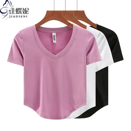 夏季V领修身纯棉纯色纯欲短款高腰下摆圆弧短袖体恤上衣内搭女商品大图