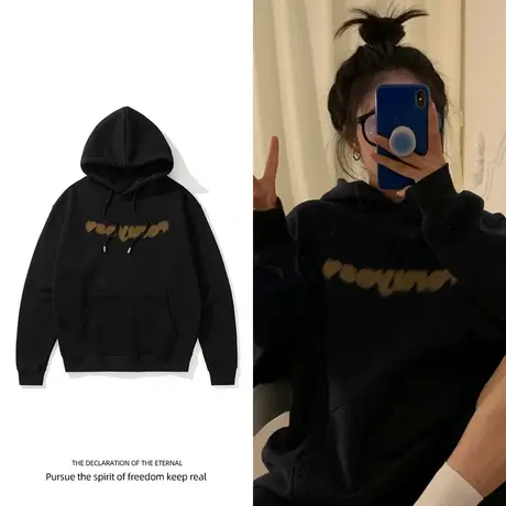 情侣连帽卫衣女oversize加绒小个子黑色胖mm炸街chic别致超火上衣图片