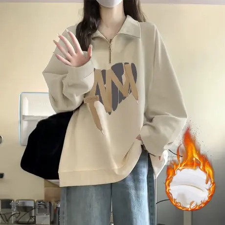 复古卡通加绒卫衣女oversize大码秋冬半拉链外套潮ins设计感上衣商品大图
