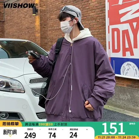 VIISHOW潮牌宽松外套秋冬季新品棉衣男两面穿日系复古刺绣拼色商品大图