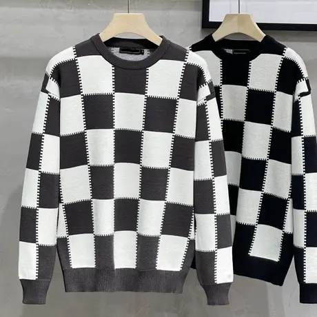 轻奢冬季男士毛衣宽松格子针织衫韩版潮流棋盘格纹加厚保暖打底衫图片