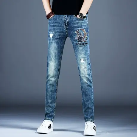 男士秋冬牛仔裤男蓝色修身精致烫钻破洞小脚裤子2023男潮牌休闲裤商品大图