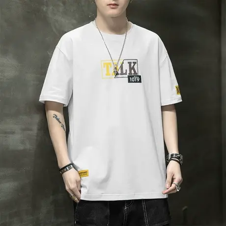 夏季薄款五分半袖落肩圆领短袖T恤男士情侣装男装2024新款ins爆款商品大图