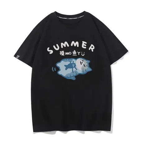 秀洛慵懒猫咪躺着摸鱼打工人短袖可爱潮恶搞卡通纯棉休闲男女T恤商品大图