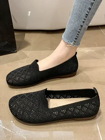 夏季新款软底软面时尚休闲网面飞织透气豆豆鞋镂空浅口平底单鞋女商品大图