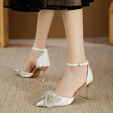 2024年夏季新款一字带仙女风蝴蝶结高跟鞋女细跟尖头水钻百搭单鞋商品大图