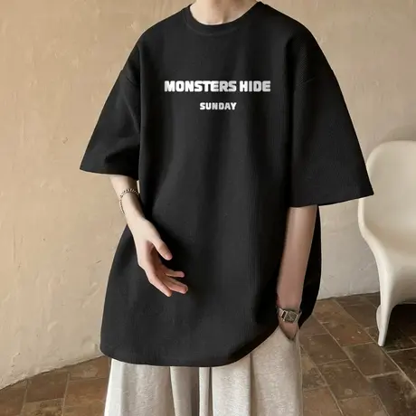 港风华夫格短袖宽松T恤男士半袖男五分袖体恤衫男商品大图