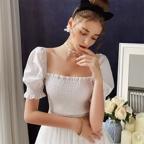 粉红大布娃娃短袖衬衫复古女夏2022新款设计感白色短款泡泡袖上衣商品大图