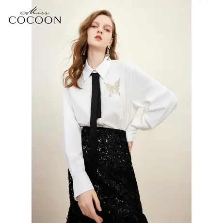 missCOCOON非正式学院上衣2023冬装新款女可拆领带珍珠装饰衬衫商品大图