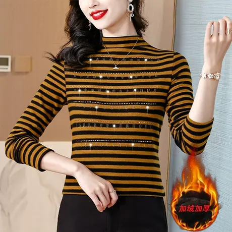 条纹加绒打底衫女2023年新款冬季长袖t恤女洋气修身内搭气质小衫商品大图