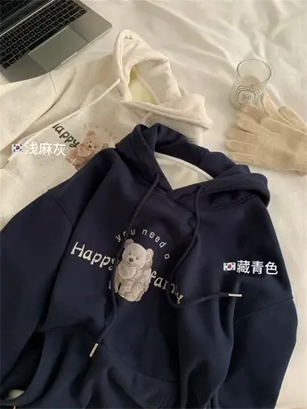 卡通加绒连帽卫衣女宽松休闲减龄百搭套头上衣秋冬加厚婴儿绒外套商品大图