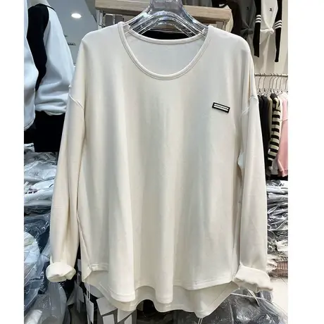 欧货U领双面磨毛德绒中长款T恤厚款冬季不规则打底衫小心机长袖女图片