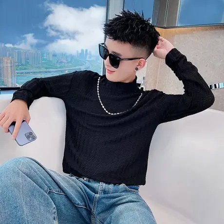 纯色卫衣春秋款青少年小众设计感长袖T恤打底衫高领宽松休闲上衣商品大图