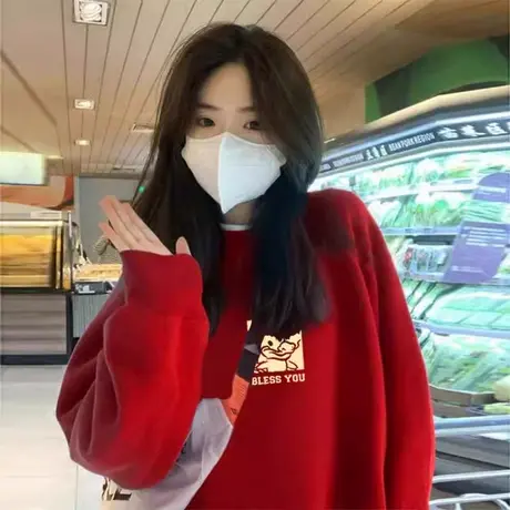 2024春节新款国潮红色圆领卫衣秋冬款宽松加绒加厚宽松打底上衣潮商品大图