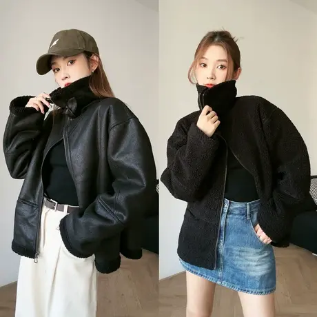 尔给加绒加厚设计感毛领双面穿外套女2023新款爆款秋冬美拉德皮衣商品大图