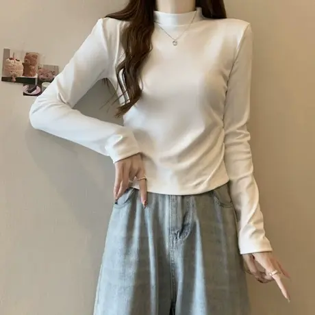 半高领德绒磨毛长袖T恤女冬季短款修身打底小衫内搭加绒加厚上衣商品大图