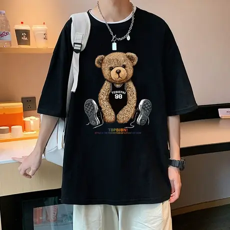 短袖t恤男夏季小熊印花2023新款纯棉重磅美式宽松情侣潮牌ins上衣商品大图