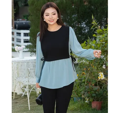 2025秋装新款洋气减龄假两件雪纺压褶衬衫胖mm显瘦遮肉大码上衣女图片