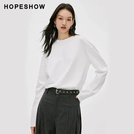 红袖宽松落肩圆领套头T恤长袖hopeshow2024春新款通勤简约上衣女图片