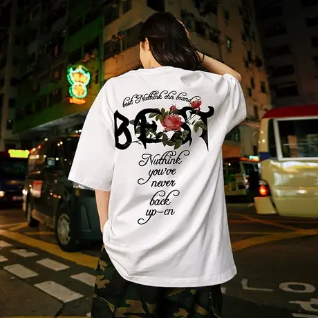 美式潮牌玫瑰花T恤男潮高街潮流ins大码情侣短袖夏季宽松半袖上衣商品大图