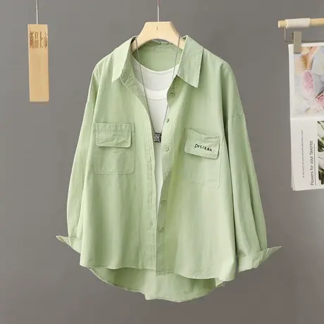 设计感小众绿色衬衫外套女春秋季2024年新款宽松衬衣工装休闲上衣图片