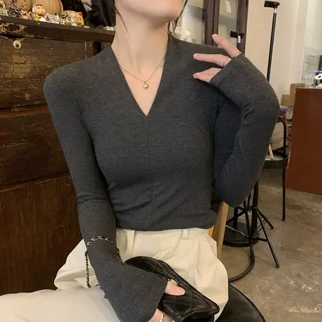 气质v领长袖t恤女2023年新款春秋季修身显瘦内搭早春打底衫上衣服商品大图