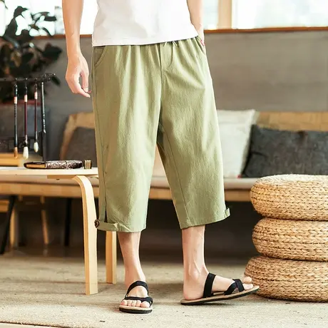 夏季男士七分休闲裤宽松胖子棉麻裤国潮中国风短裤加肥加大码裤子图片