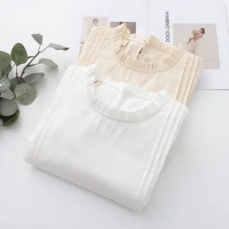 春秋新款韩版立领花边压褶纯棉长袖白衬衫女学生宽松百搭打底上衣图片