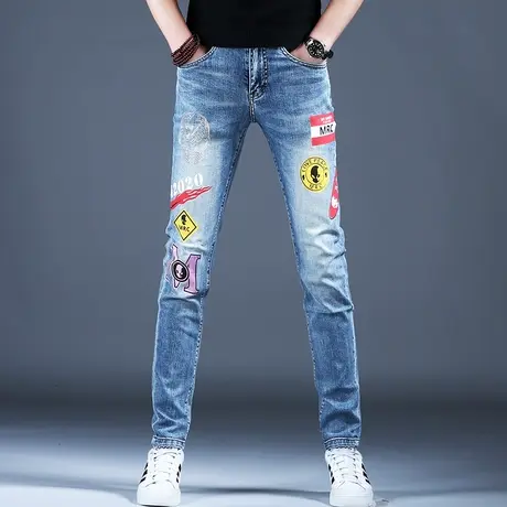 美式高街高级印花牛仔裤男款2024新款小脚修身春夏弹力裤子潮牌男图片