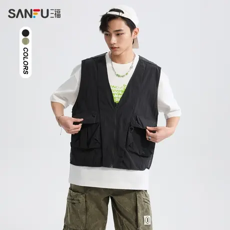 三福2024夏季男士立体袋V领马甲 街潮个性宽松外套男483449图片