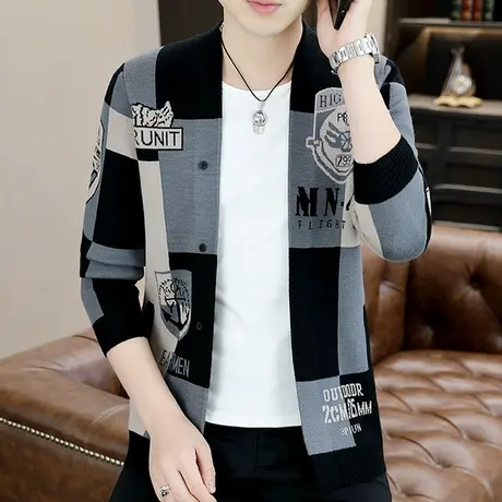 个性开衫毛衣男士针织外套拼色提花潮流秋季新款夹克网红休闲线衣商品大图