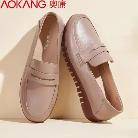 奥康皮鞋女妈妈鞋春秋中老年款舒适软底单鞋乐福鞋一脚蹬平底真皮商品大图