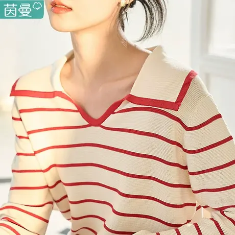 茵曼旗舰店条纹针织衫女2024年春季新款POLO领毛衣内搭打底衫上衣图片