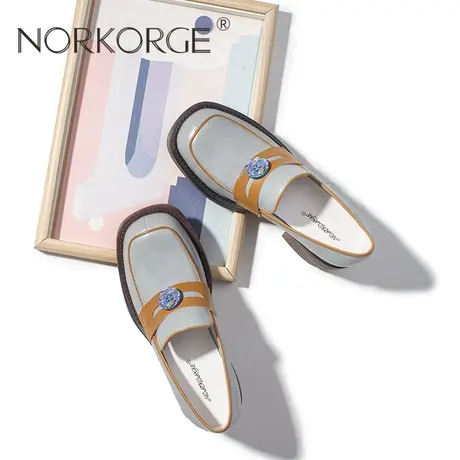 2023新款手工复古灰蓝色乐福鞋单鞋女真皮方头粗跟高跟温柔小皮鞋图片