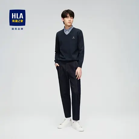 HLA/海澜之家2023包芯纱双领针织衫刺绣假两件套头衫男图片