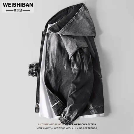 美式高街复古连帽牛仔外套春秋季2023年新款连帽扎染渐变带帽夹克商品大图