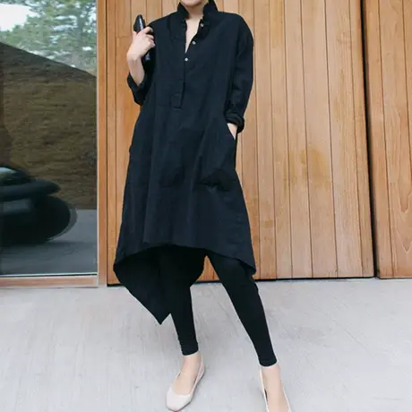 秋装新款套头棉麻衬衫女中长款韩版宽松大码休闲不规则亚麻衬衣潮商品大图