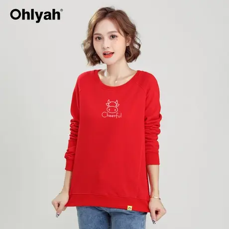 Ohlyah品牌红色卫衣女跨年2022新款情侣装纯棉圆领学生上衣打底衫商品大图