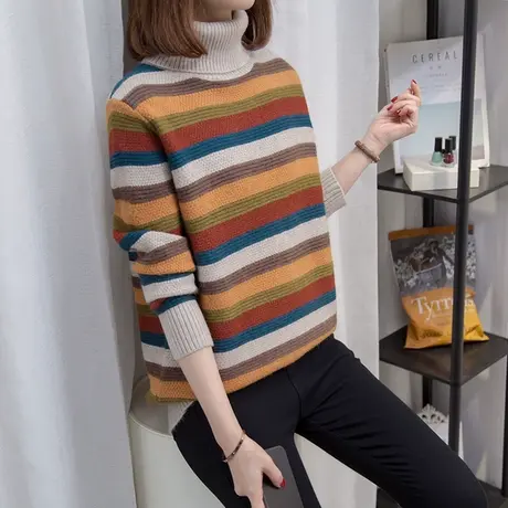 高领毛衣女加厚打底衫2023秋冬新款宽松慵懒风条纹针织衫内搭上衣图片
