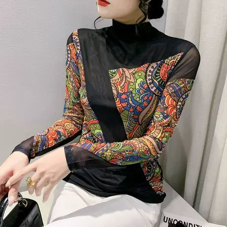 打底衫女春秋2023新款内搭洋气质半高领上衣撞色印花网纱T恤长袖商品大图