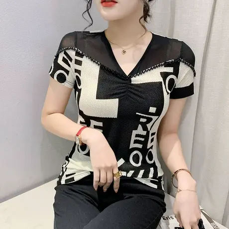 性感V领网纱T恤女短袖洋气印花上衣设计感小众女时尚钉珠紧身小衫商品大图