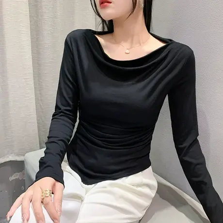 不规则网红T恤女长袖秋装2023新款气质一字领打底衫百搭修身上衣图片