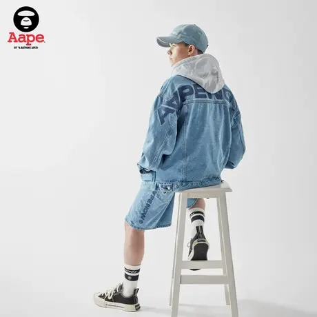 Aape旗舰店男装春夏猿颜字母刺绣印花休闲水洗牛仔短裤A603XXK商品大图