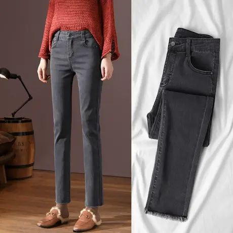 加绒烟灰色直筒牛仔裤女高腰冬季2023年新款显瘦显高九分烟管裤女图片