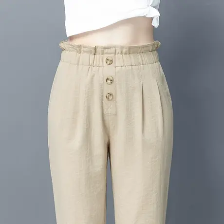 棉麻裤子女2023春夏季新款宽松高腰哈伦裤轻薄小个子时尚九分裤子商品大图